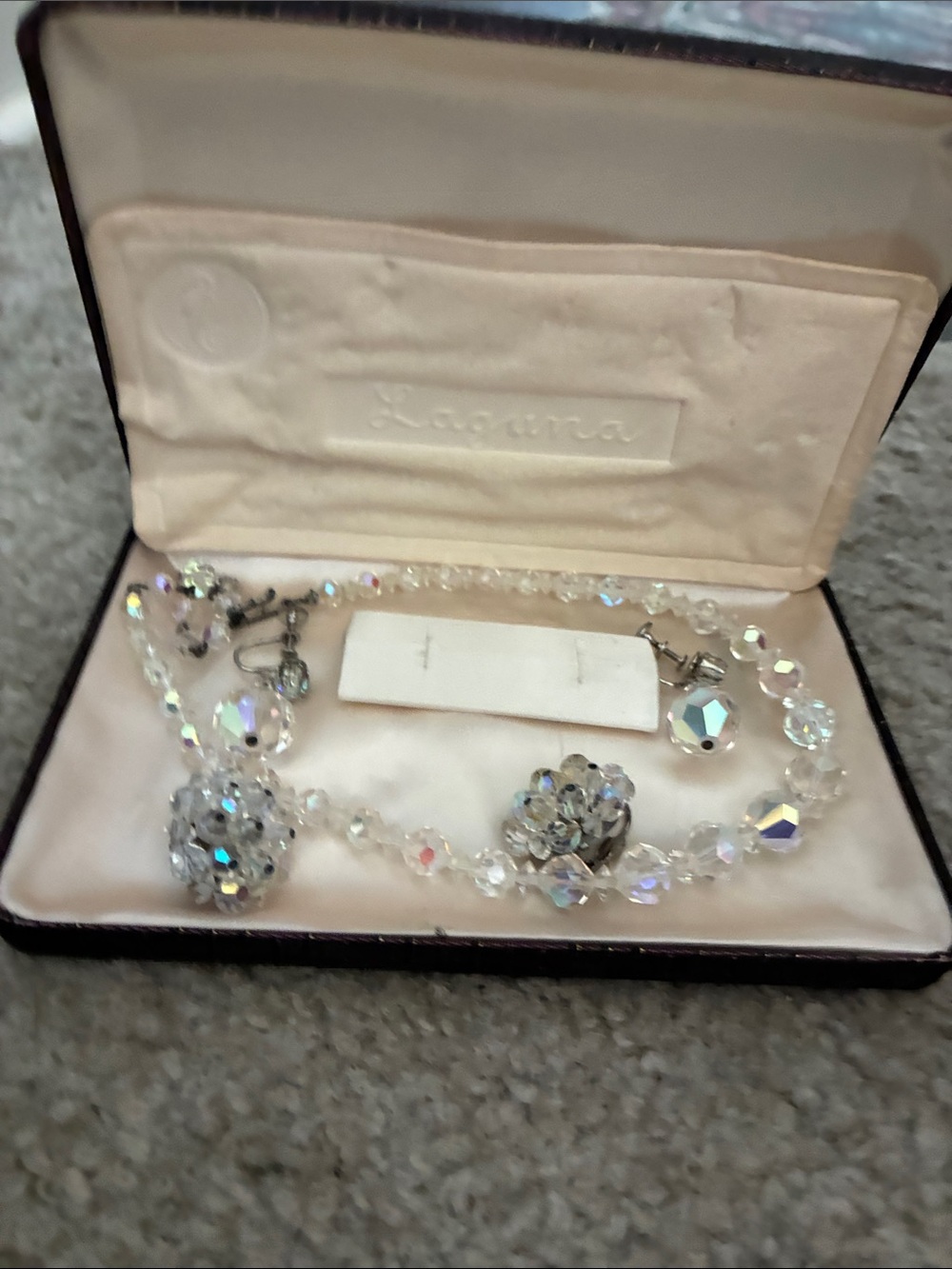 Aurora Borealis Crystal Necklace and Earrings Set in Iridescent Clear